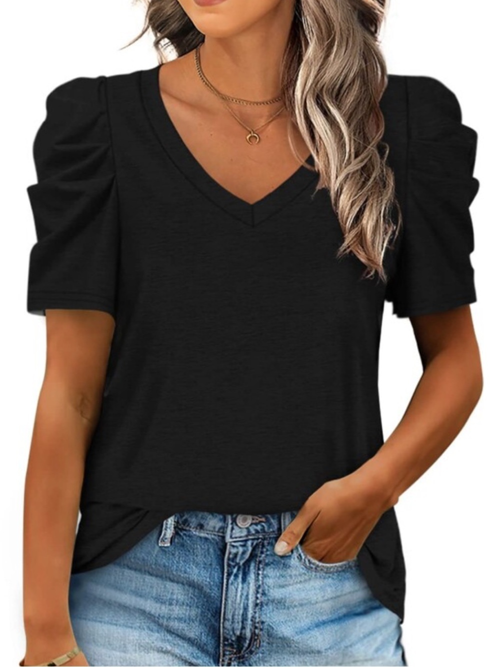 Classic Black V-Neck Puff Sleeve Tee NWT
